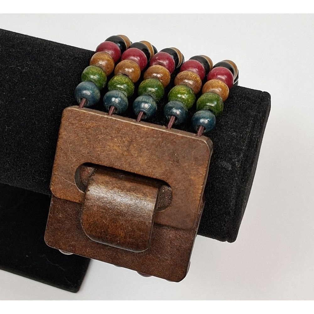 Multi-Color Wood Bead Boho Cuff Bracelet with Carved Wood Buckle Clasp 7.5+" - Picture 1 of 9